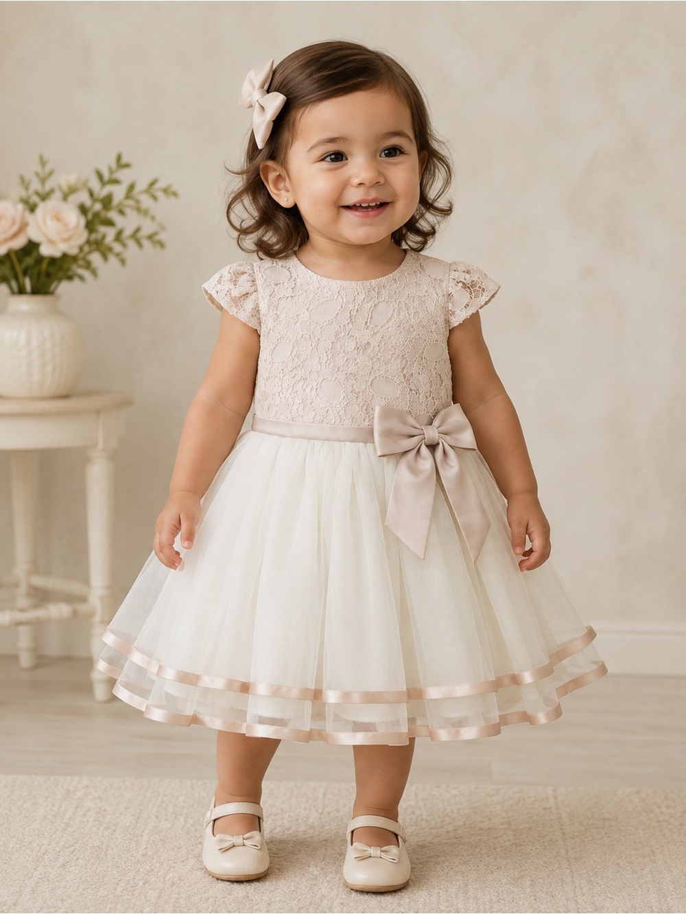 Rare Editions Lace Bodice Tulle Party Dress in Cream Size 24M